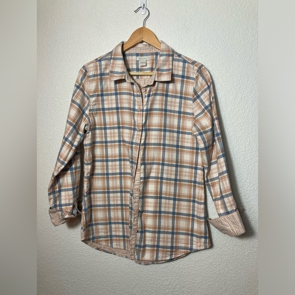 Garnet Hill plaid shacket button down shirt size 12 100% organic Pima cotton